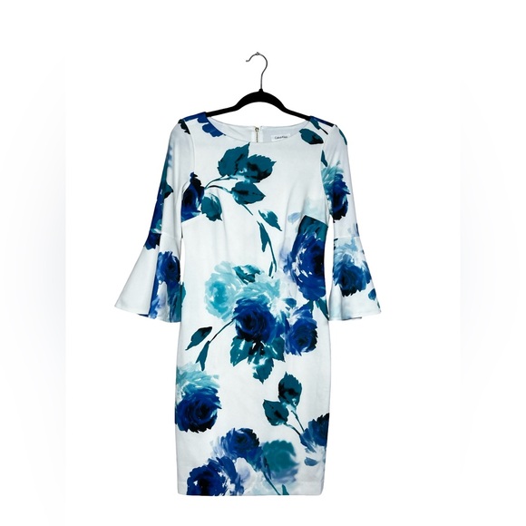 Calvin Klein floral bell-sleeve sheath dress white blue floral pattern - Picture 4 of 12